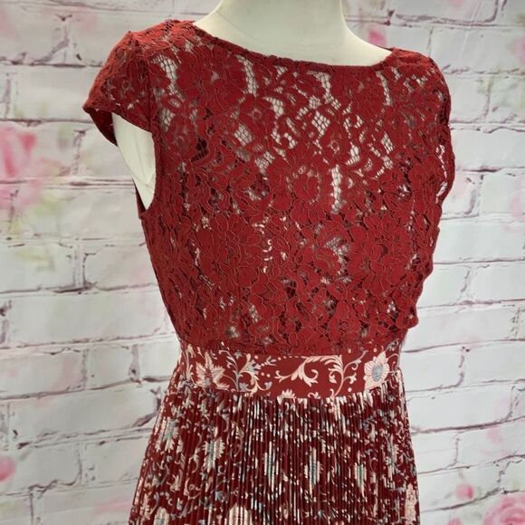 Plenty Anthropologie Women's Arcadia Accordion Pleated Laced Midi Dress Brown Si - Picture 4 of 12